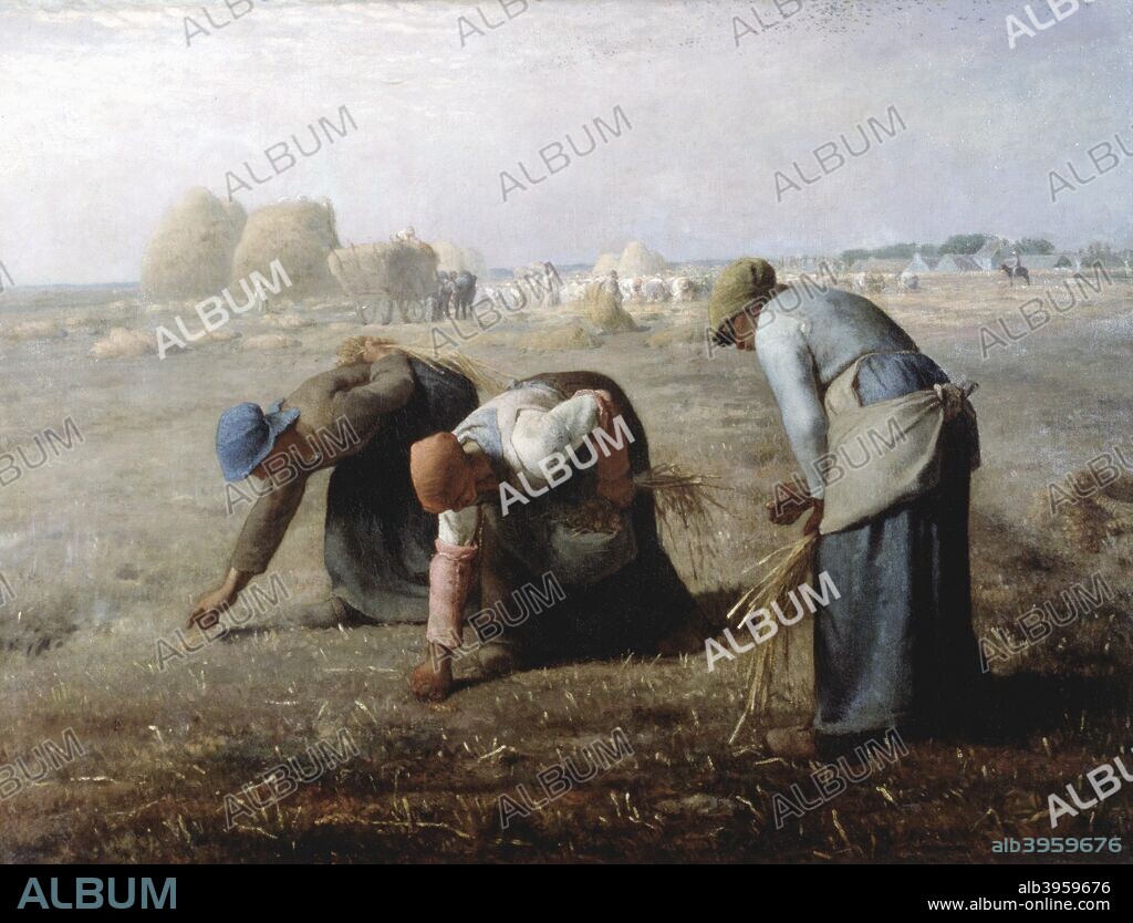'The Gleaners', 1857. Three women collect ears of grain that have been left after the harvest has been gathered and stored in ricks (background). The gleanings that such women gathered they would be allowed to keep, and they played an important part in the economy of poor country households. The best would be ground into flour and the remainder used to feed poultry. From the collection of the Musee d'Orsay, Paris.