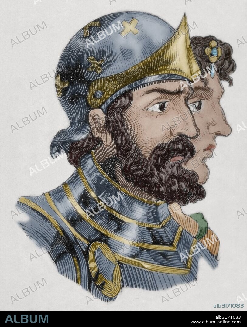 ALFONSO I "el Católico" (m.757). Rey de Asturias (739-757). Hijo de Pedro, duque visigodo de Cantabria. Casó con Ermesinda, hija del rey Pelayo de Asturias, y ambos núcleos de resistencia se unieron con dicho matrimonio. Alfonso fue propiamente el fundador del reino astur y el que inició la Reconquista. Grabado coloreado.