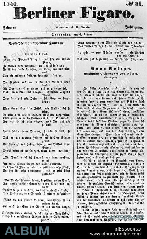 Fontane, Theodor, Schriftsteller, Neuruppin 30.12.1819 - Berlin 20.9.1898. Werke: "Simson's Tod" (Gedicht). Faksimile. Aus: "Berliner Figaro", Nr. 31, 6.2.1840.