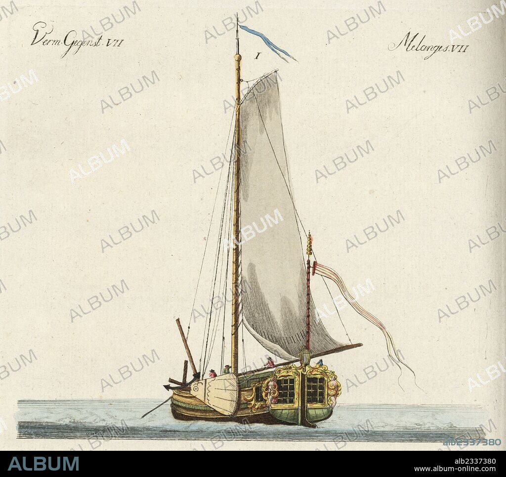 Yacht, 18th century. Handcoloured copperplate engraving after Christiane Henriette Dorothea Westermayr from Friedrich Johann Bertuch's Bilderbuch fur Kinder (Picture Book for Children), Weimar, 1792.