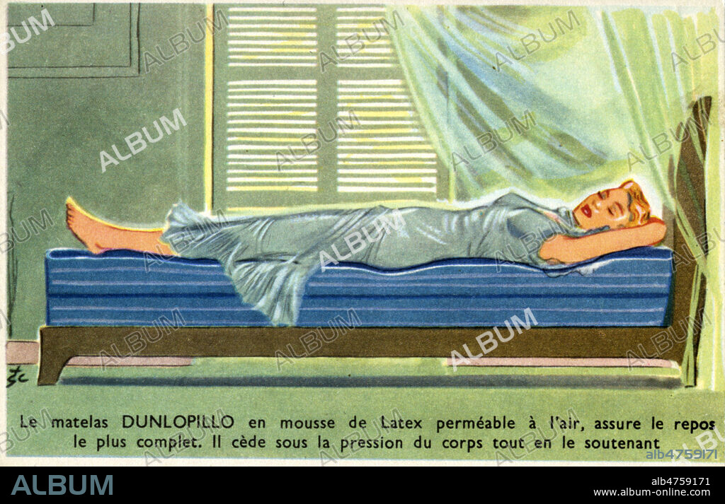 'Le matelas DUNLOPILLO en mousse de latex permeable a l'air, assure le repos le plus complet. Il cede sous la pression du corps tout en le soutenant'. Publicite vers 1930. Illustration anonyme. Credit : Collection IM/KHARBINE-TAPABOR.