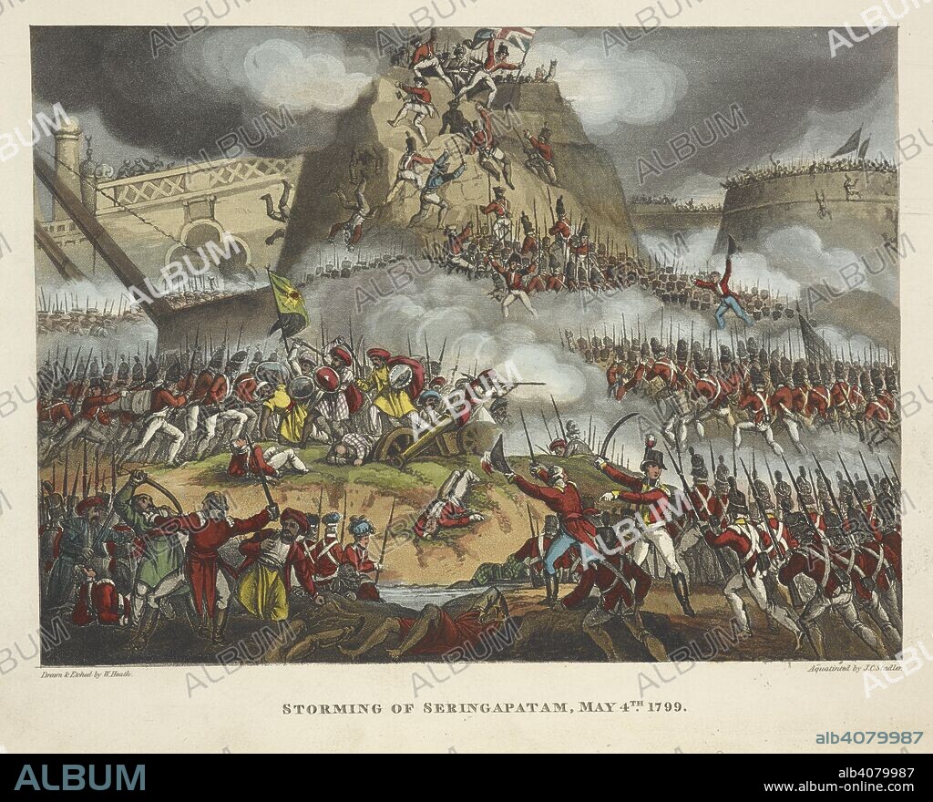 WILLIAM HEATH and J. C STADLER. Storming of Seringapatam, May 4, 1799. The Siege of Seringapatam (5 April â€“ 4 May 1799) was the final confrontation of the Fourth Anglo-Mysore War between the British East India Company and the Kingdom of Mysore. The Wars of Wellington, a narrative poem. ... With ... engravings coloured ... By Dr. S. London, 1819. Source: 838.m.7 plate 2 page 11.