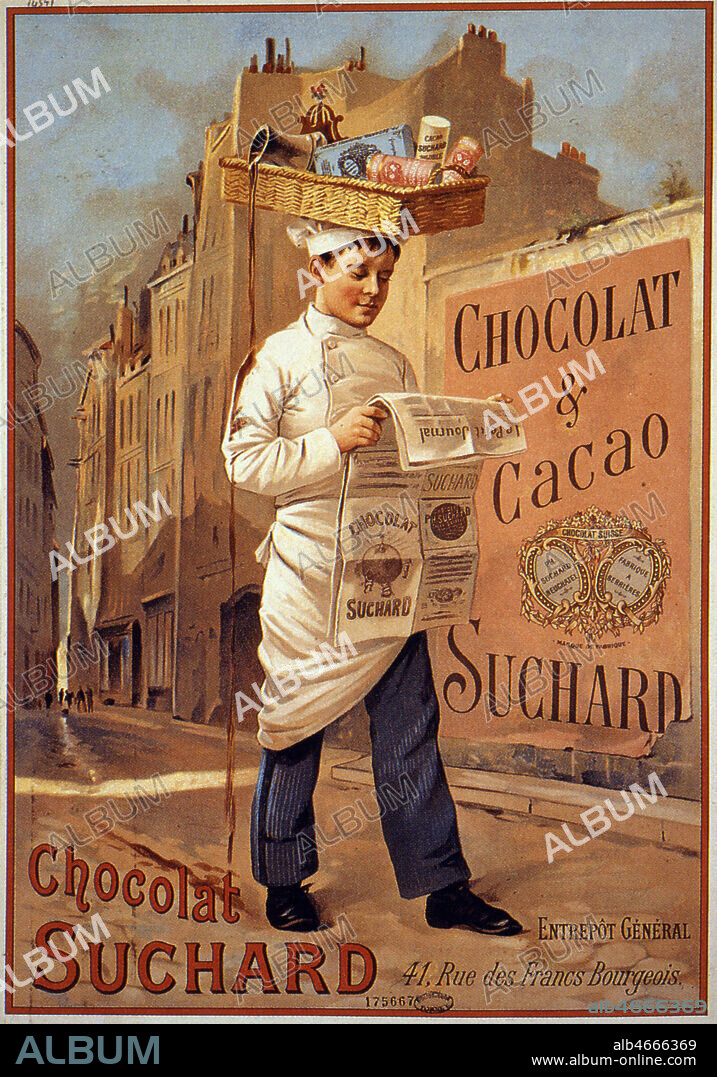 Affiche publicitaire pour le chocolat et le cacao SUCHARD vers 1890. Un petit livreur avec un panier sur la tete, un pot de chocolat se renverse sur son bras. Credit : Collection KHARBINE-TAPABOR.