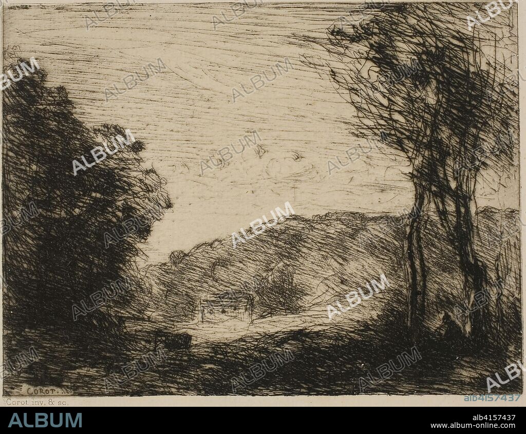 Wooded Countryside. Jean-Baptiste-Camille Corot; French, 1796-1875. Date: 1866. Dimensions: 110 × 138 mm (image); 167 × 263 mm (sheet). Etching on ivory laid paper. Origin: France.