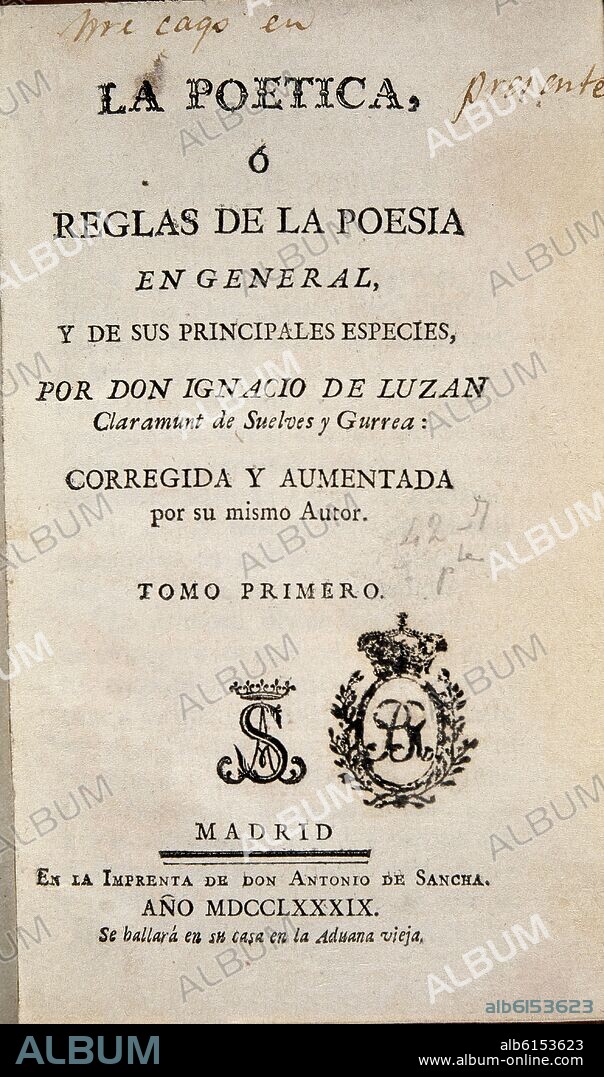 LUZAN IGNACIO. LA POETICA-MADRID 1789.