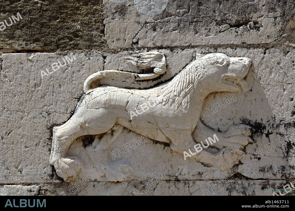 Byzantine Art. Relief depicting a lion on the facade of the Church of St. Nicholas, built in the 13th century and remodeled in 18th and 19th centuries. Mesopotam. Albania.