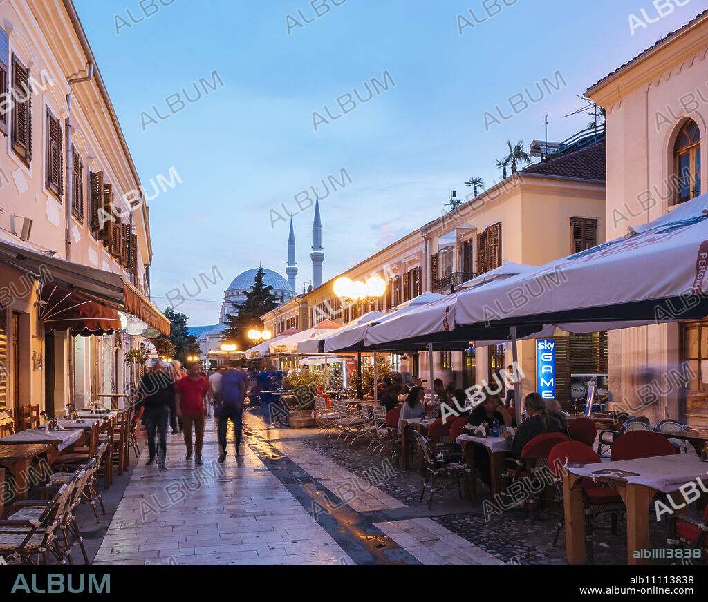 Rruga Kol Idromeno Street at night, Old Town, Shkodra, Albania, Europe.