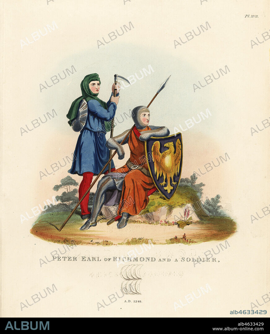 Peter II, Count of Savoy, Earl of Richmond, and a soldier. 1248. The Earl wears a chainmail hauberk and chausses, tunic, and carries a lance and shield with coat of arms. The footsoldier wears a cargan hood, carries an oucin and round shield. Handcoloured lithograph after an illustration by S.R. Meyrick from Sir Samuel Rush Meyrick's A Critical Inquiry into Antient Armour, John Dowding, London, 1842.
