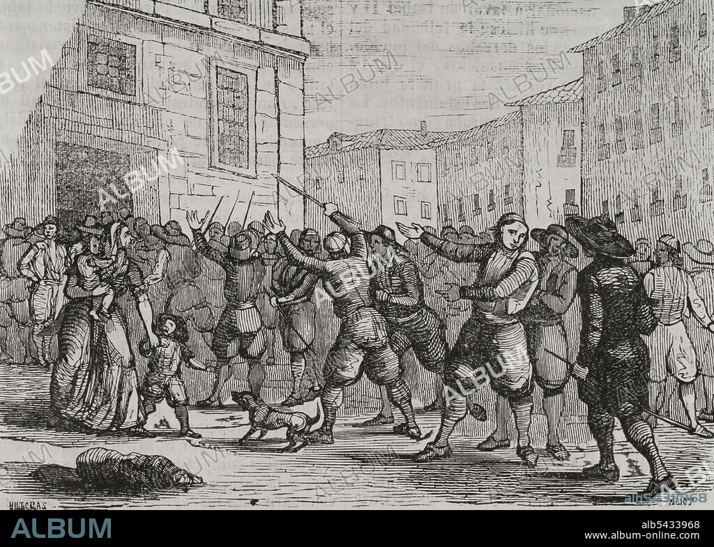 VILLEGAS AND FRANCISCO ALIOT. 19TH-CENTURY SPANISH ARTISTS.. History of Spain. First Carlist War (1833-1840). Manacor (Majorca Island). "Sa Llorençada" or "Es Rebumbori" (9 August 1835). The only violent episode that took place in the Balearic Islands during the civil conflict. Carlist insurrection following the burning of convents in Catalonia and Zaragoza. The civil governor of Majorca appointed a bursar who was not to the bishop's liking, and he resigned. On the day of Saint Christina, the doors of the militiamen and liberals were marked with crosses made of human excrement. This led to the arrest of several Carlists. The reaction of the Carlist citizens was to riot in front of the prison, and the guards gave in and the prisoners were released. Illustration by Villegas. Engraving by Aliot. Panorama Español, Crónica Contemporánea. Volume III. Madrid, 1845.
