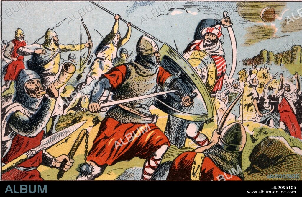 ALBERT MESTRE MORAGAS. Historia. Siglo X. Batalla de Simancas; vistoria del ejército cristiano contra los árabes de Abderramán III. Años 1940. Dibujo de Mestre.