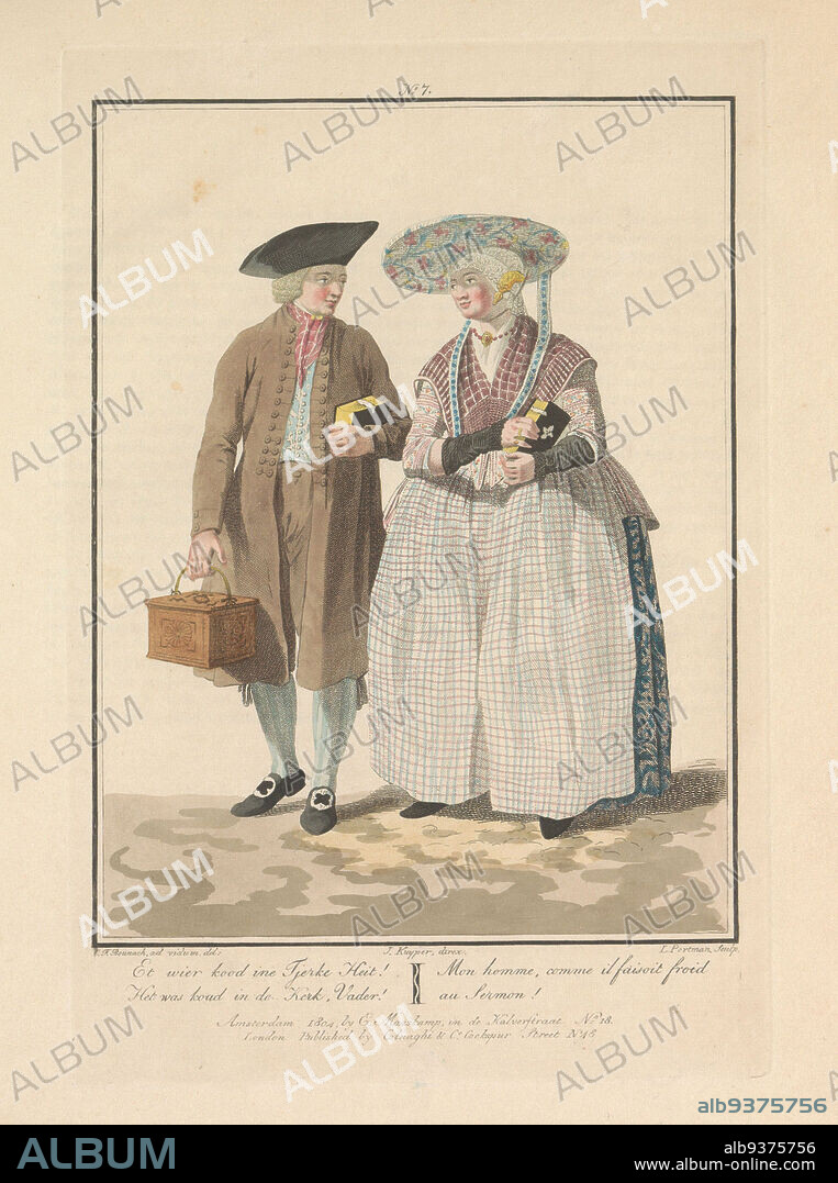 Fishing couple from Friesland, Et wier kood ine Tjerke Heit ! It was cold in the Church, Father !, Mon homme, comme il faisoit froid au Sermon! (title on object), A Frisian boatman and his wife coming out of church with Bibles in hand. The man is also carrying a stove. Second installment of four plates, published in 1804. Part of a bound edition of the series of twenty plates of Dutch costumes in the Batavian Republic at the beginning of the nineteenth century by Maaskamp, ca. 1807., print maker: Ludwig Gottlieb Portman (mentioned on object), intermediary draughtsman: C.F. Bounach (mentioned on object), print maker: Netherlands, publisher: Amsterdam, publisher: London, 1804, paper, etching, height 240 mm × width 160 mm.