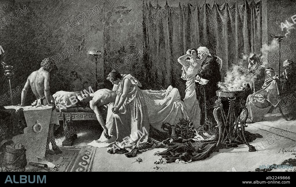 MARCO ANNEO LUCANO (39-65). Poeta romano nacido en La Hispania. "LA MUERTE DE LUCANO". Grabado por Waloy. "La Ilustración Ibérica", 1888.