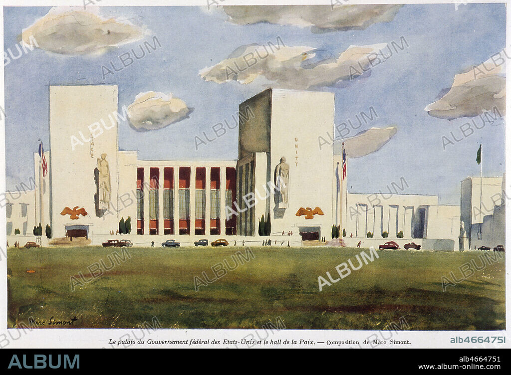 'Le palais du gouvernement federal des Etats Unis et le hall de la Paix' publies dans le journal L'Illustration du 10 juin 1939. Credit : Collection KHARBINE-TAPABOR.