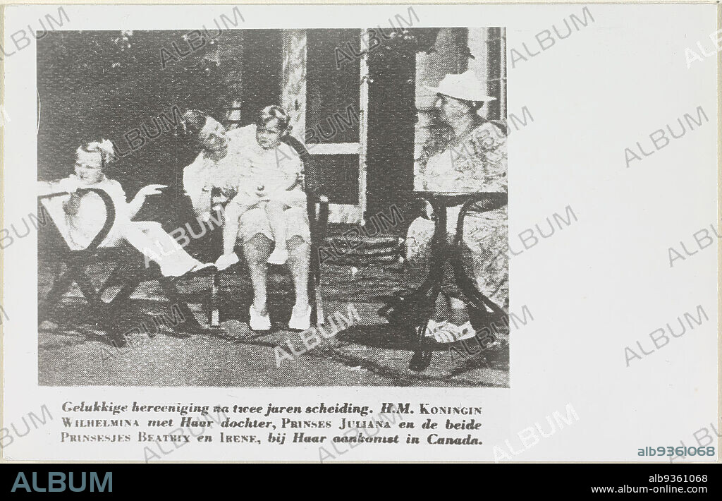Portrait of Wilhelmina, Queen of the Netherlands, Juliana, Queen of the Netherlands, Beatrix, Queen of the Netherlands, and Irene, Princess of the Netherlands, Portrait of Wilhelmina, Juliana, Beatrix and Irene in Ottawa. In the lower margin three lines of Dutch text., anonymous, anonymous, Netherlands, 1941 - 1943, photographic support, height 89 mm × width 140 mm.