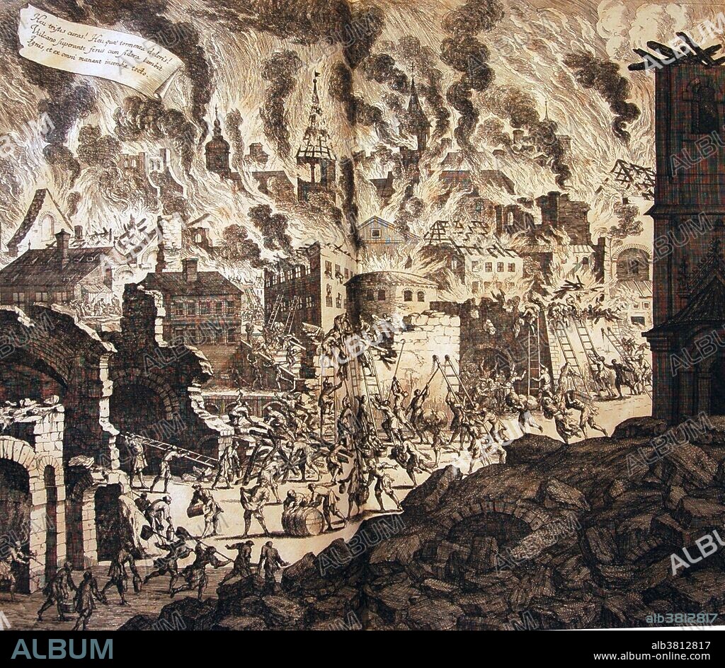 The 1693 Sicily earthquake refers to a powerful earthquake that struck parts of southern Italy, notably Sicily, Calabria and Malta on January 11, 1693 around 9 pm local time. This earthquake was preceded by a damaging foreshock on January 9. It had an estimated magnitude of 7.4 on the moment magnitude scale, the most powerful in Italian history, and a maximum intensity of XI (extreme) on the Mercalli intensity scale, destroying at least 70 towns and cities, seriously affecting an area of 2,200 square miles and causing the death of about 60,000 people. The earthquake was followed by tsunamis that devastated the coastal villages on the Ionian Sea and in the Straits of Messina. Almost two thirds of the entire population of Catania were killed. The epicenter of the disaster was probably close to the coast, possibly offshore, although the exact position remains unknown. Originally captioned: "Specula physico-mathematico-historica notabilium ac mirabilium sciendorum, by Johann Zahn, 1696.".