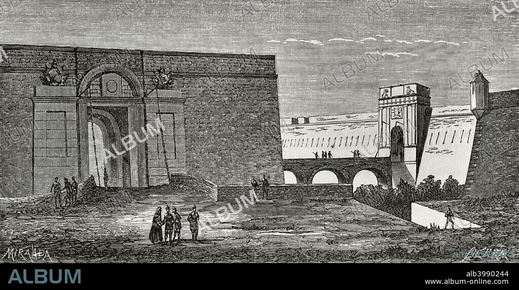 España, Cataluña, Figueras. El Castillo de San Fernando. Fortaleza militar del siglo XVIII. Participaron en su construcción varios ingenieros militares, como Juan Martín Cermeño y Pedro Martín-Paredes Cermeño. Dibujo por Miranda. Grabado. Crónica General de España, Historia Ilustrada y Descriptiva de sus Provincias. Cataluña, 1866. Biblioteca Histórico Militar de Barcelona. Cataluña, España.