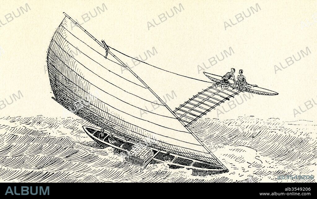 A Micronesian proa, aka prau, perahu, and prahu from the Caroline Islands in the Pacific. From Enciclopedia Ilustrada Segui, published c. 1900.
