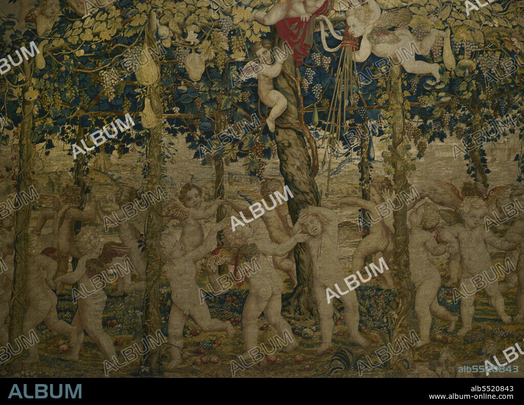 Tapiz con la representación de "La Danza". Detalle. Perteneciente a la serie denominada "Niños Jugando". Realizado a partir de dibujos de Giulio Romano (1499-1546). Mantua (Italia), h.1540. Lana, seda, hilo de oro y plata. Museo Calouste Gulbenkian. Lisboa. Portugal.