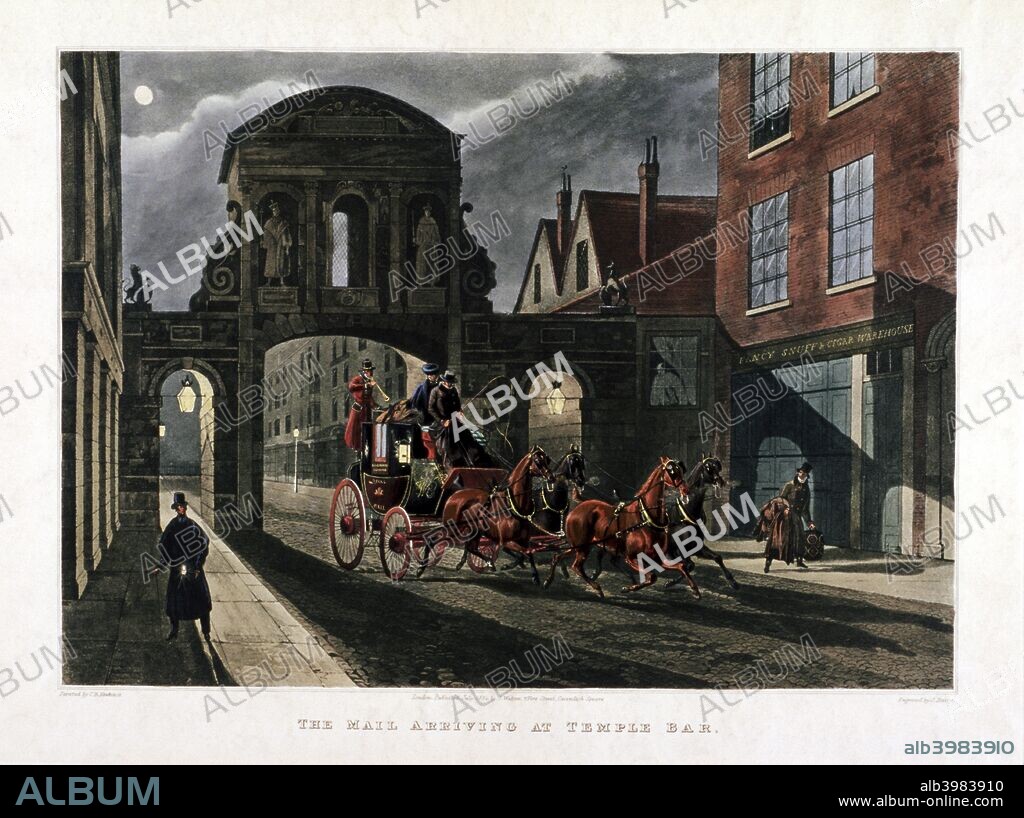 View of the mail carriage passing through Temple Bar, London at night, 1834; on the right is a snuff and cigar warehouse.