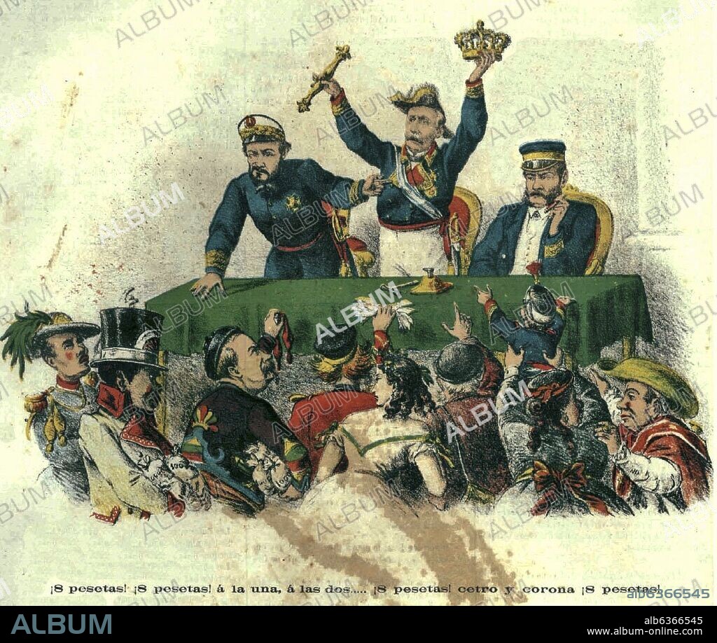 SATIRA - REVISTA LA FLACA - 27 DE MARZO DE 1869, JUAN PRIM, FRANCISCO SERRANO Y JUAN BAUTISTA TOPETE SUBASTAN LOS ATRIBUTOS DEL TRONO ESPAÑOL.