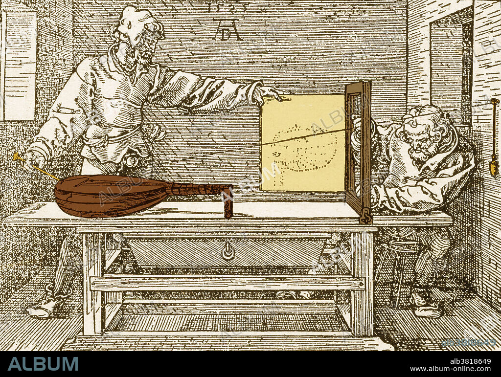 An engraving by Albrecht Durer (1478-1528), Demonstration of Perspective Drawing of a Lute (1525). This woodcut is taken from a treatise Durer wrote on the application of geometry to art.
