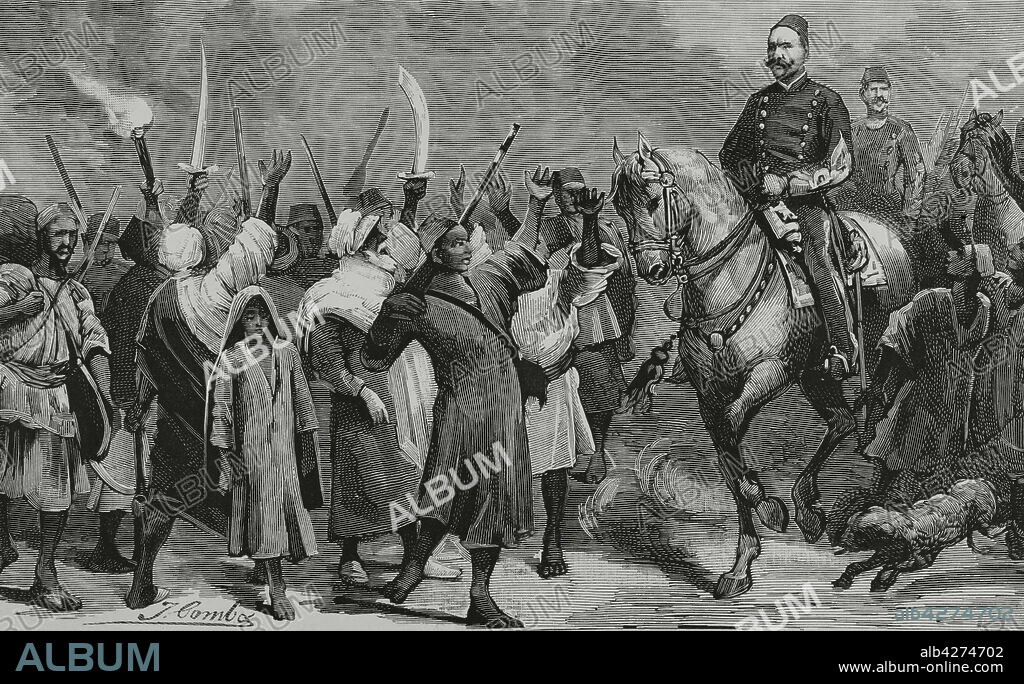 JUAN COMBA GARCíA (1852-1924). SPANISH PAINTER.. Egypt. Military intervention and conquest of Egypt by the British. The Egyptian national leader Ahmed 'Urabi or Ahmed Orabi (1841-1911) leading his troops, on the march to the fortified camp of Kafr Dowar. Drawing by Juan Comba. Engraving, detail. La Ilustración Española y Americana, 1882.