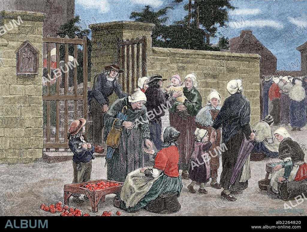 Leon Augustin Lhermitte (1844 âA_i_ 1925) French painter. Engraving of a work of Lhermitte. The Market for Apples. "La Ilustracion Iberica", 1885. Colored.