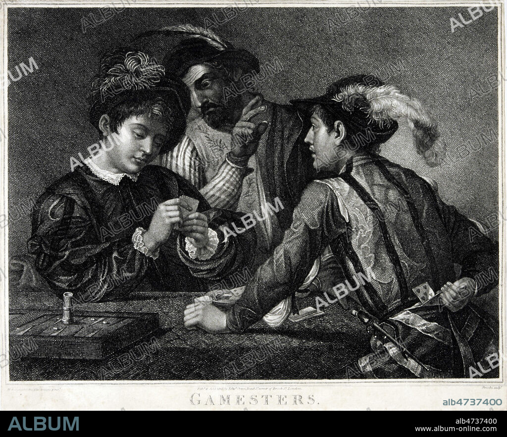 Gamester, les tricheurs, hommes jouant aux cartes, l'un d'eux sort une carte cachee dans sa ceinture. gravure d'apres la peinture du CARAVAGE (1571-1610) editee en 1815. Credit MIGNY/KHARBINE TAPABOR.