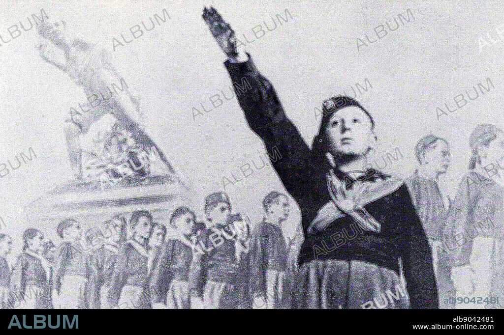 Photographic print of a member of the Hitler Youth saluting. Dated 20th Century.