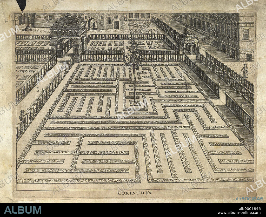 Anónimo flamenco (s. XVI). Corinthia. Hans Vredeman de Vries (1583). Lámina n.º 3 del Hortorum viridariorumque elegantes & multiplices formae: Ad architectonicae artis normam affabre delineatae.