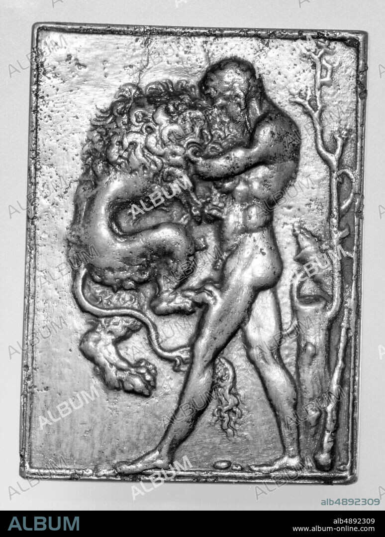 Moderno (Galeazzo Mondella), Hercules Strangling the Nemean Lion, Italian, Moderno (Galeazzo Mondella) (Italian, Verona 14671528 Verona), early 16th century, Italian, Bronze, 2 7/8 × 2 1/8 in. (7.3 × 5.4 cm), Medals and Plaquettes.
