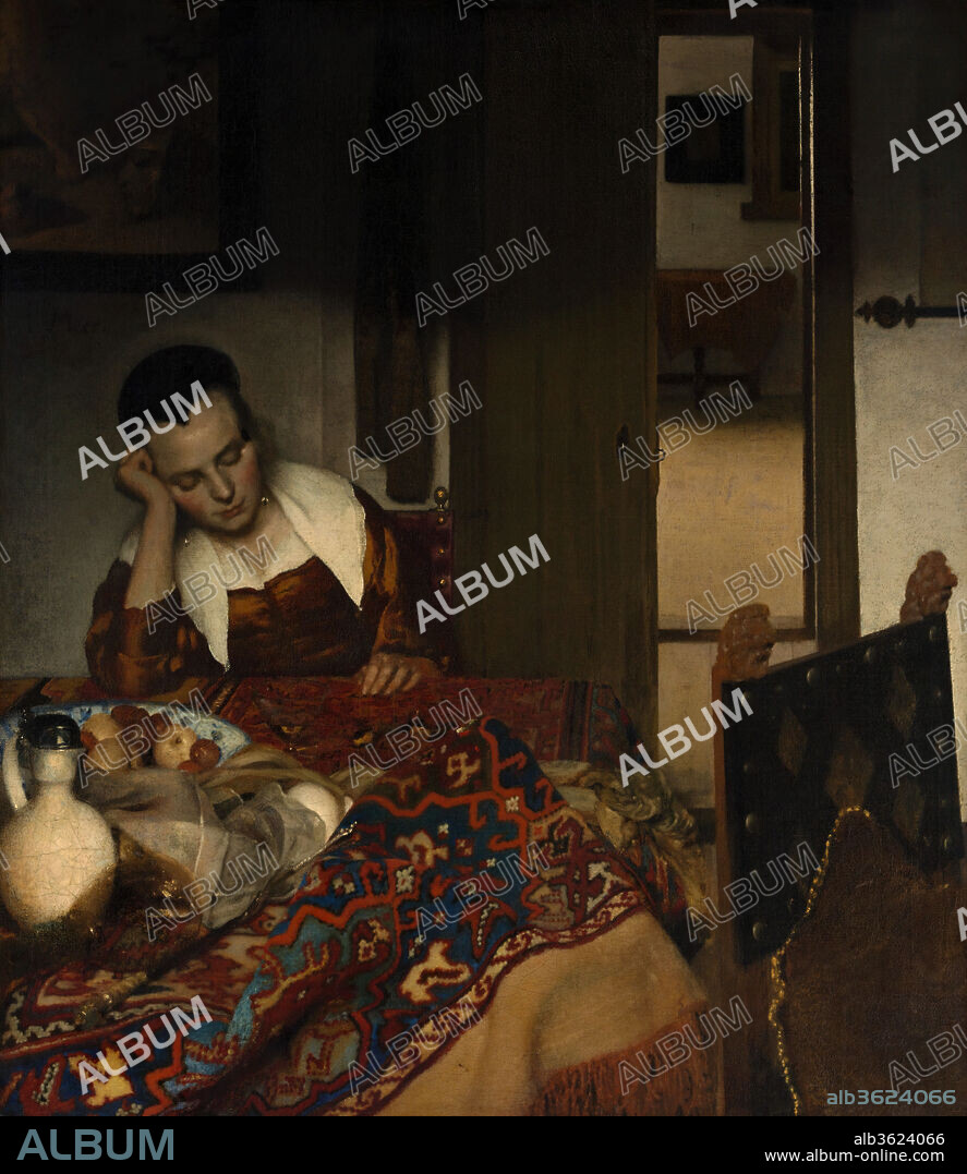 JAN VERMEER. A Maid Asleep. Artist: Johannes Vermeer (Dutch, Delft 1632-1675 Delft). Dimensions: 34 1/2 x 30 1/8 in. (87.6 x 76.5 cm). Date: ca. 1656-57.
This picture is probably the earliest in which the Delft painter treats his favorite theme of a young woman, occasionally with a male companion, in a domestic interior. An overdressed maid has dozed off after entertaining a visitor (two glasses, a pitcher, and a jug may be seen in the jumbled still life). The painting above her depicts Cupid unmasked, an oblique explanation of her dreamy smile. Radiographs show that Vermeer originally painted a man in the background and a dog to the lower right. By replacing these motifs he made the amorous theme less obvious, quite as his remarkable passages of observation obscure his debts to contemporary painters like Nicolaes Maes.