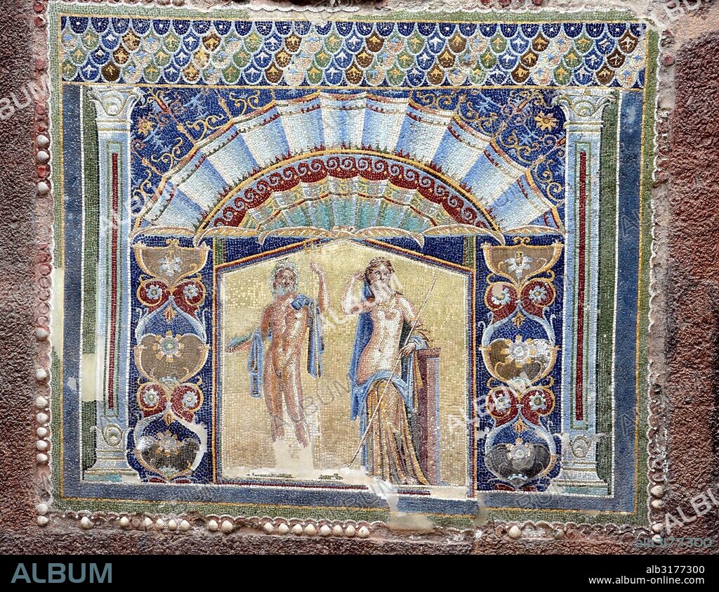 Herculaneum. House of the Mosaic of Neptune and Amphitrite. A small courtyard forming an open-air dining room. One wall is decorated with a mosaic plaque representing the sea god Neptune and Amphitrite, his wife. Country of Origin: Italy. Culture: Roman. Credit Line: Werner Forman Archive/N.J. Saunders.