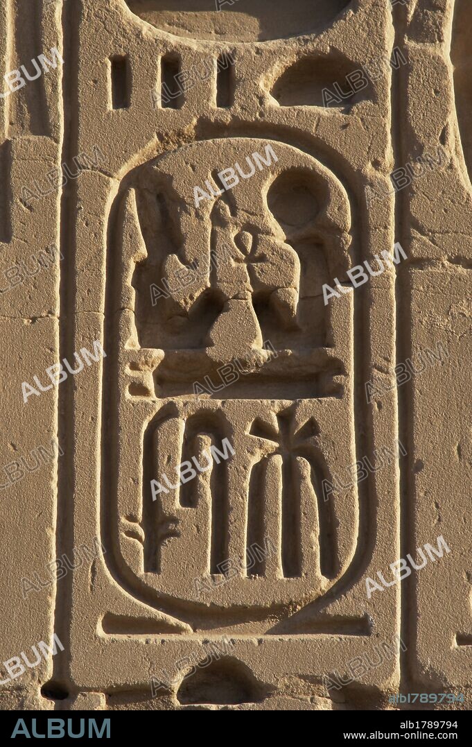 ESCRITURA JEROGLIFICA. EGIPTO. PROTOCOLO REAL DE RAMSES II. Detalle de uno de los CARTUCHOS donde se escribía el conjunto de nombres o títulos que asumía el faraón en el momento de su ascensión al trono. Quinto nombre o título real del faraón: HIJO DE RA "RA LE HA DADO LA VIDA". Ramses Miamon. DINASTIA XIX. (1320-1200 a. C.). IMPERIO NUEVO.