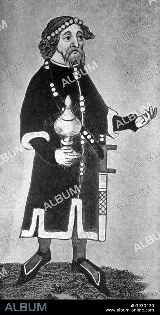 William de Albeneis, late 14th century, (1910). William de Albeneis, who lived at the time of Richard II (1377-1399), holds a goblet, and is shown in the usual baldrick (sword belt) and anelace (short sword), with bifid beard. Illustration from British Costume during 19 Centuries by Mrs Charles H Ashdown, (London, 1910).