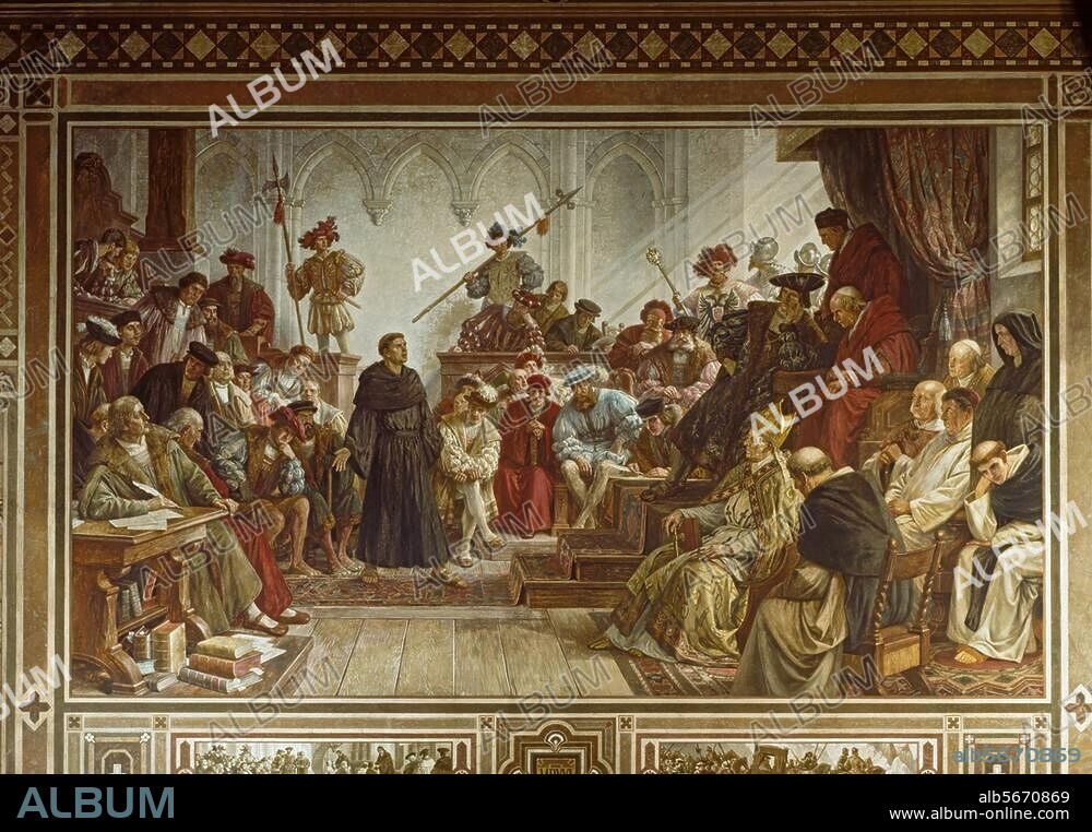 Luther, Martin; Reformer; 1483-1546. - "Martin Luther at the Diet of Worms". (Before Emperor Charles V and the Princes, 17th/18th April 1521). Fresco, 1879/97, by Hermann Wislicenus. (1825-1899). Goslar, Kaiserpfalz, Reichssaal, North wall.