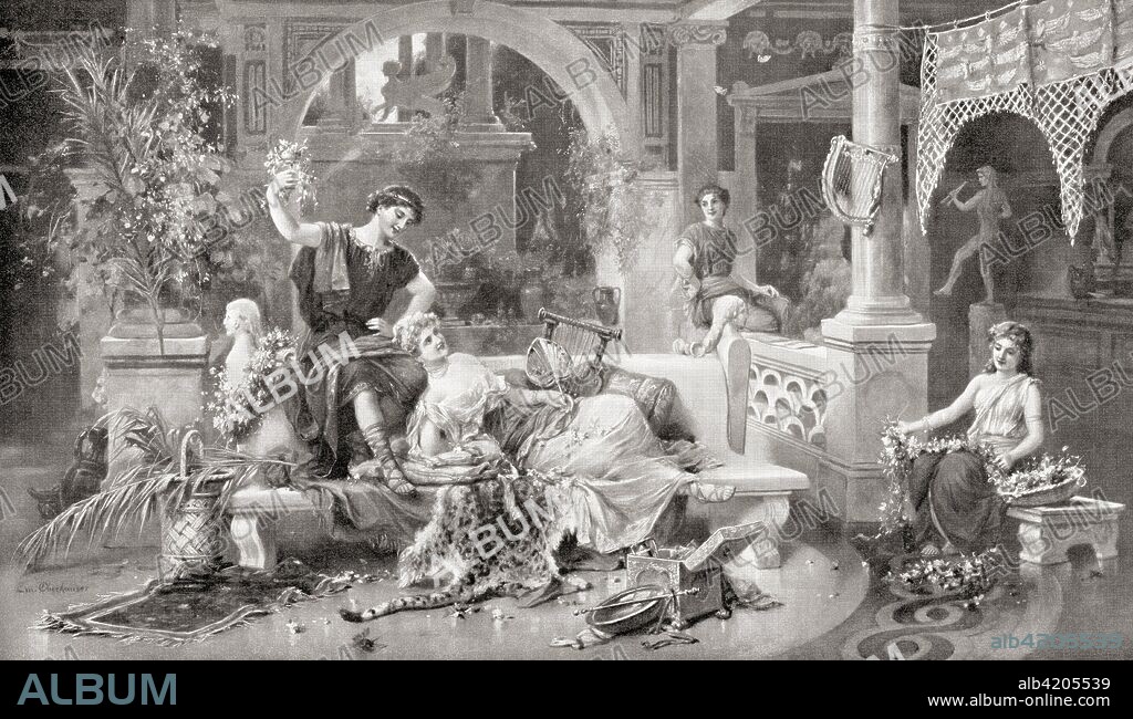 The Floralia, a festival in ancient Roman religious practice in honor of the goddess Flora, a symbol of the renewal of the cycle of life, drinking, and flowers. Lasting for six days, 27 April - 6th May, it included nude dancing, gladiator contests, theatrical performances and circus events.   From Hutchinson's History of the Nations, published 1915.