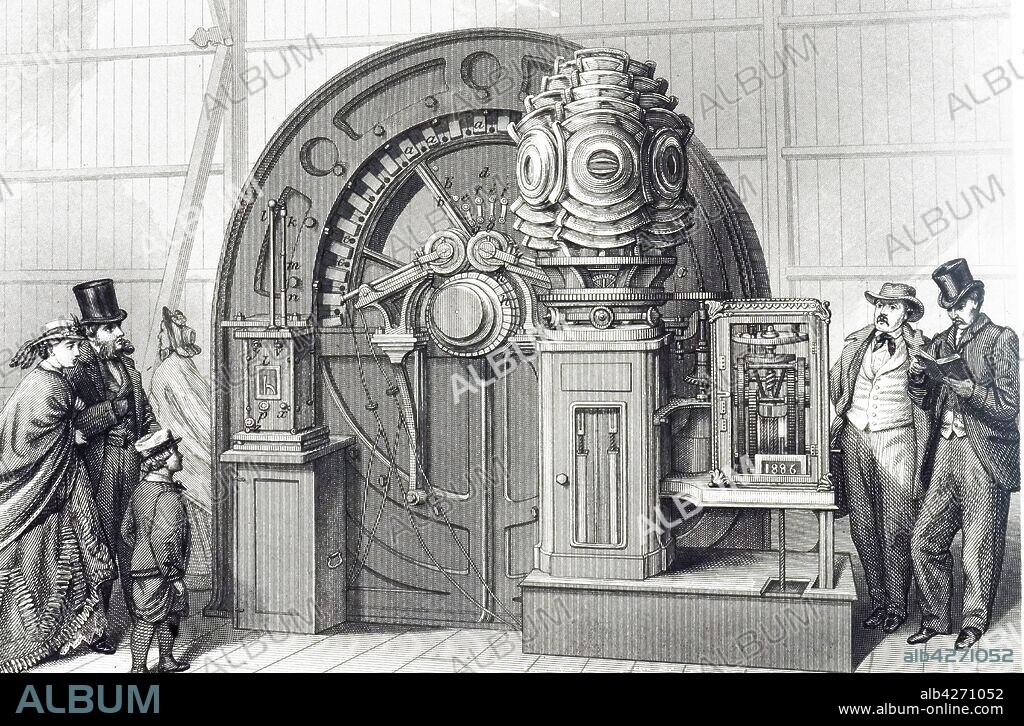 An engraving depicting Frederick Hale Holmes' magneto-electric generator shown at the Great Exhibition, London, 1862. Shown powering a lighthouse light. Frederick Hale Holmes (b.1812) a British Professor of Chemistry at the Royal Panopticon of Science and Art and pioneer of electric lighting. Dated 19th century.