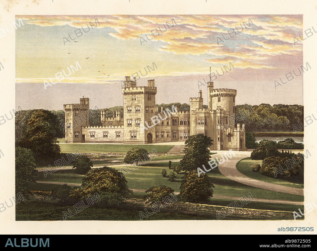 Dromoland, County Clare, Ireland. Castellated house designed by James Pain, a pupil of architect John Nash, and built in 1825 by Sir Edward OBrien, Baron Inchiquin. OBrien owned slaves in St. Andrew, Jamaica. Colour woodblock by Benjamin Fawcett in the Baxter process of an illustration by Alexander Francis Lydon from Reverend Francis Orpen Morriss A Series of Picturesque Views of the Seats of Noblemen and Gentlemen of Great Britain and Ireland, William Mackenzie, London, 1870.