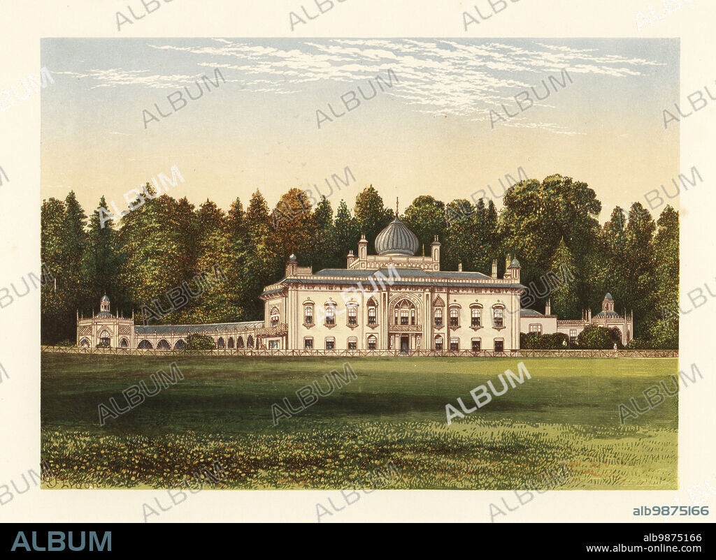 Sezincote House, Gloucestershire, England. Georgian Neo-Mughal-style house designed by architect Samuel Pepys Cockerell, landscaped by Humphry Repton, built in 1805. The house with copper-covered dome was owned by Sir Charles Cockerell, 1st Baronet, East India Company official, banker and slave owner in Mauritius (52 enslaved). The architects son also owned 10 plantations in Jamaica (1,998 enslaved). Colour woodblock by Benjamin Fawcett in the Baxter process of an illustration by Alexander Francis Lydon from Reverend Francis Orpen Morriss Picturesque Views of the Seats of Noblemen and Gentlemen of Great Britain and Ireland, William Mackenzie, London, 1880.