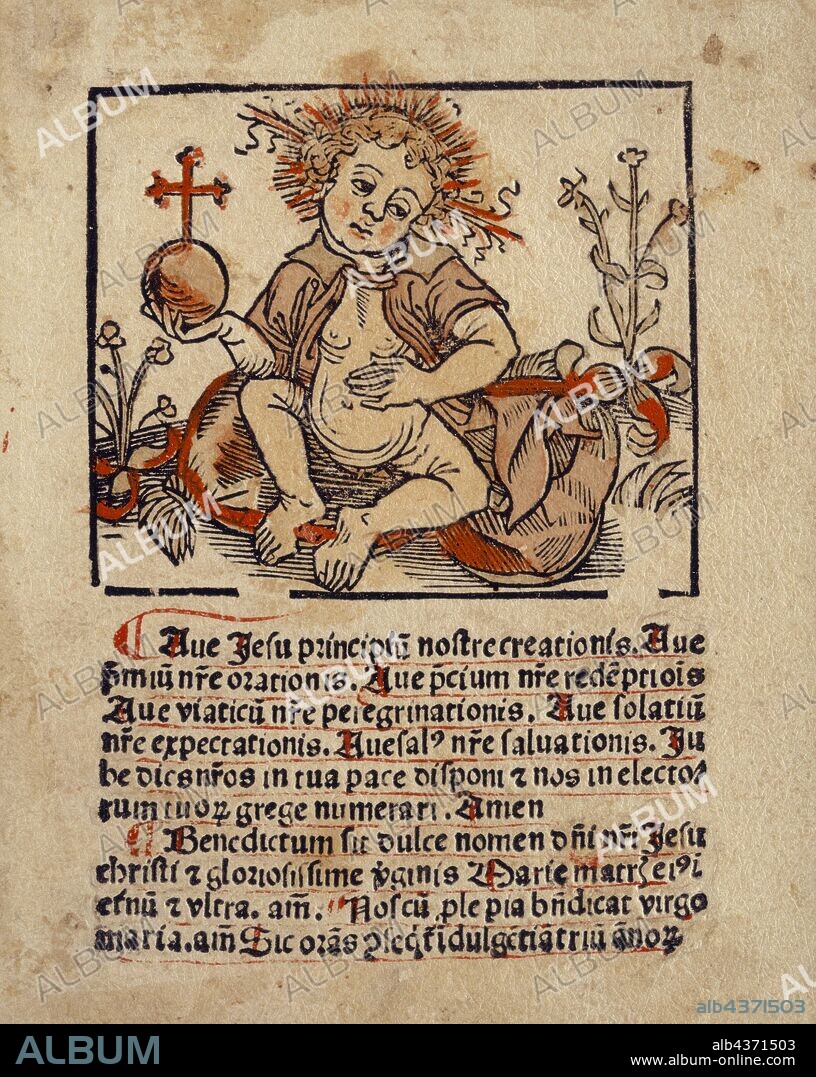 The Christ Child with the Globe, c. 1490, woodcut, colored (unique), unique, page: 10.3 x 8.2 cm, inscribed under the picture: Ave Jesu prinicpiu [m] nostre creationis., Ave, p [re] miu [m] n [east] re orationis., Ave, p [re] cium n [ost] re speech [m] ptio [n] is, Ave viaticu [m] n [east] re peregrinationis., Ave solatiu [m], n [east] re expectationis., Ave sal [us] n [east] re salvationis., Ju this be [ost] ros in tua pace disponi e [t] nos in electo-, rum tuo [ru] m grege numerari., Amem, ., Benedictum sit dulce nomen d [omi] ni n [ost] ri Jesu, Christi e [t] gloriosissime v [ir] ginis Marie matris ei [us] i [n], et [er] nu [m] e [t, ] ultra., on [en.] Nos cu [m] p [ro] le pia b [e] n [e] dicat virgo, maria., Amen]., Sic ora [n] s seq [ui] t [ur] i [n] dulge [n] tia [m] triu [m] annor [um], Anonym, Oberrhein, um 1490.