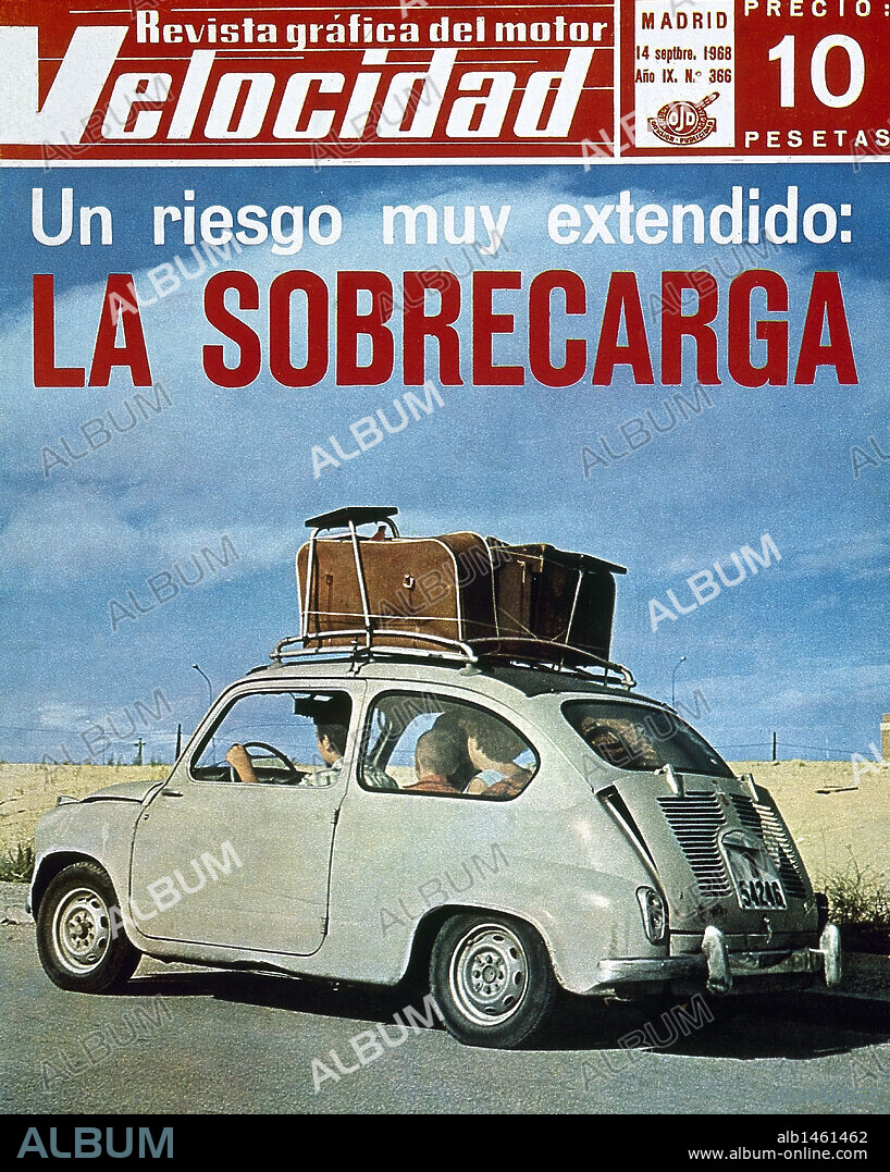 PORTADA DE LA REVISTA "VELOCIDAD" con el titular "UN RIESGO MUY EXTENDIDO: LA SOBRECARGA" y la imagen de un SEAT 600 con baca. Número 366 (14 de septiembre de 1968). Biblioteca Nacional. Madrid. España.