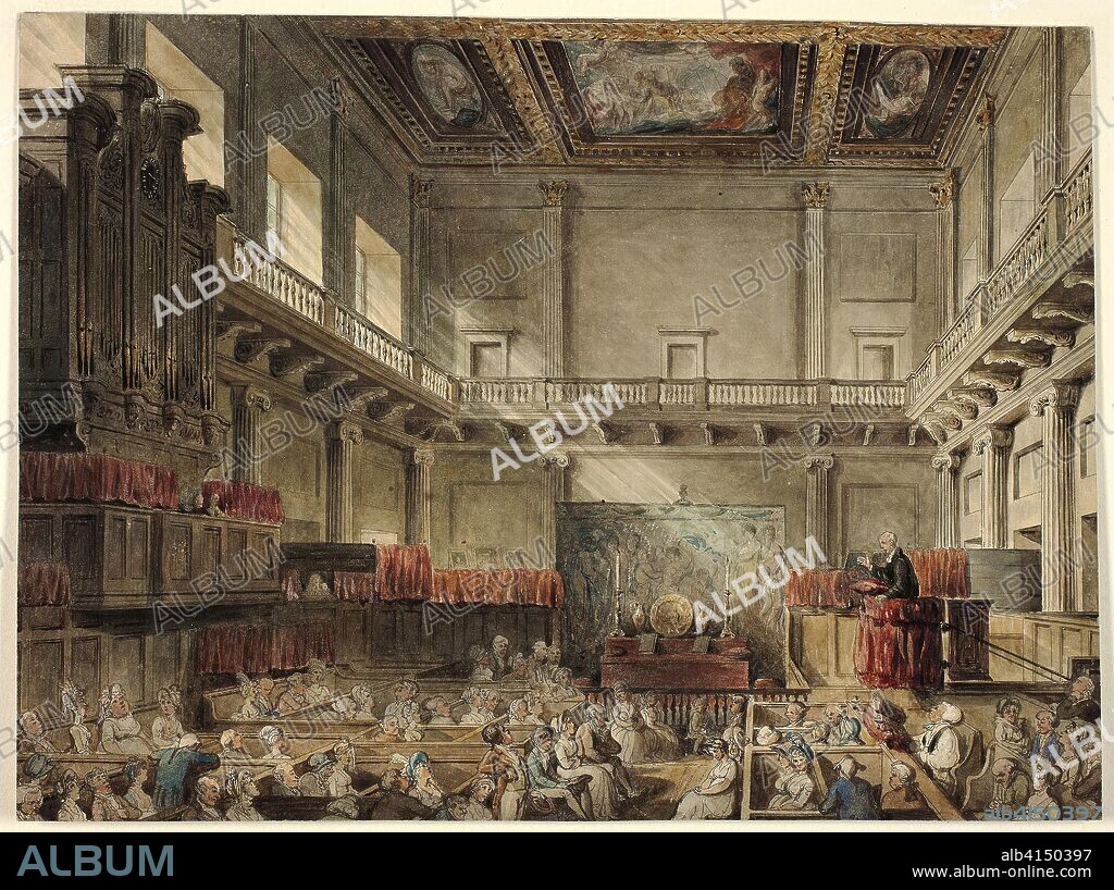 Study for Royal Chapel, Whitehall, in Micocosm of London. Augustus Charles Pugin (English, born France, 1762-1832); Thomas Rowlandson (English, 1756-1827). Date: 1807-1810. Dimensions: . Pen and ink and watercolor on paper. Origin: England.