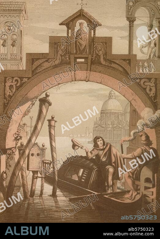 Venice (Italy), Gondolas. "Gondola journey". (Illustration to the poem "Gondola journey" byn J.L.K.F.Seyffardt). Chalk lithography, 1853, by Caspar Scheuren (1810-1887). Fr.: Düsseldorfer Künstler-Album, 3. Vol. Düsseldorf (Arnz & Co.) 1853, after p28. Berlin, Sammlung Archiv für Kunst und Geschichte.