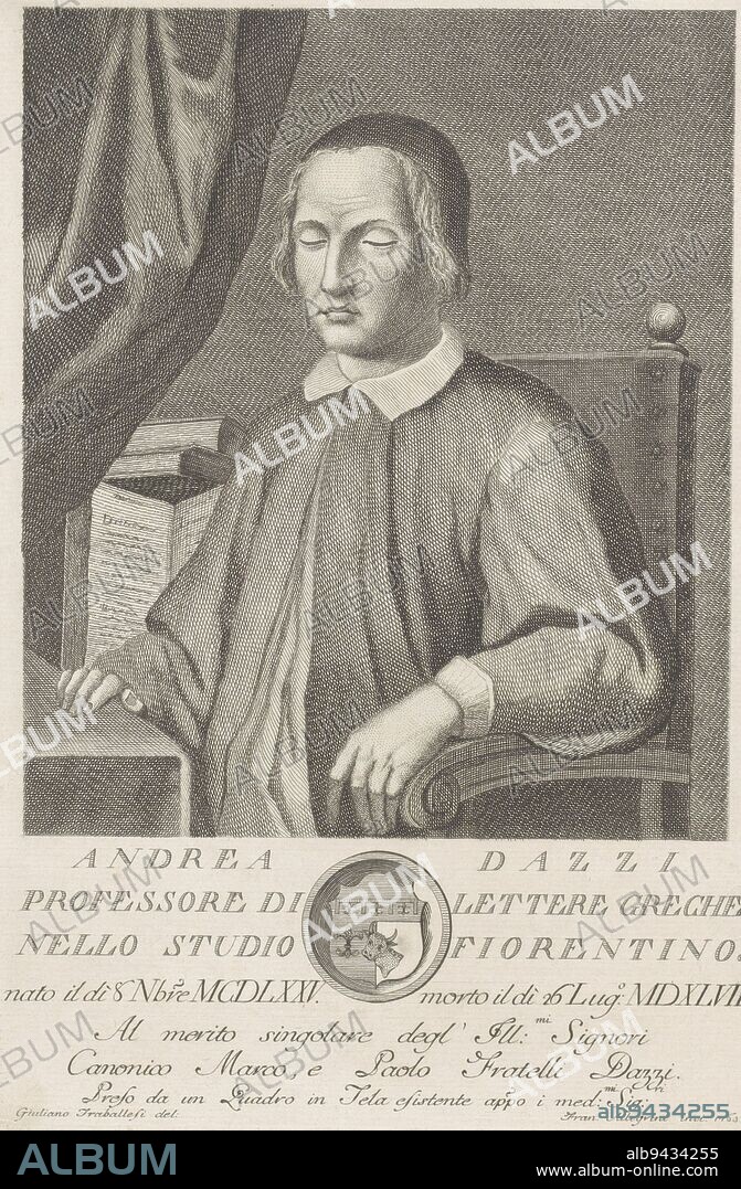 Portrait of Andrea Dazzi, sitting behind his desk He has his eyes closed In the background a drapery and a stack of books Below the portrait a text in Italian and a coat of arms in a circular frame, Portrait of Andrea Dazzi Portraits of famous Italians with coat of arms in lower margin , print maker: Francesco Allegrini, (mentioned on object), intermediary draughtsman: Giuliano Traballesi, (mentioned on object), Paolo Dazzi, (mentioned on object), Italy, 1763, paper, engraving, h 294 mm × w 197 mm.
