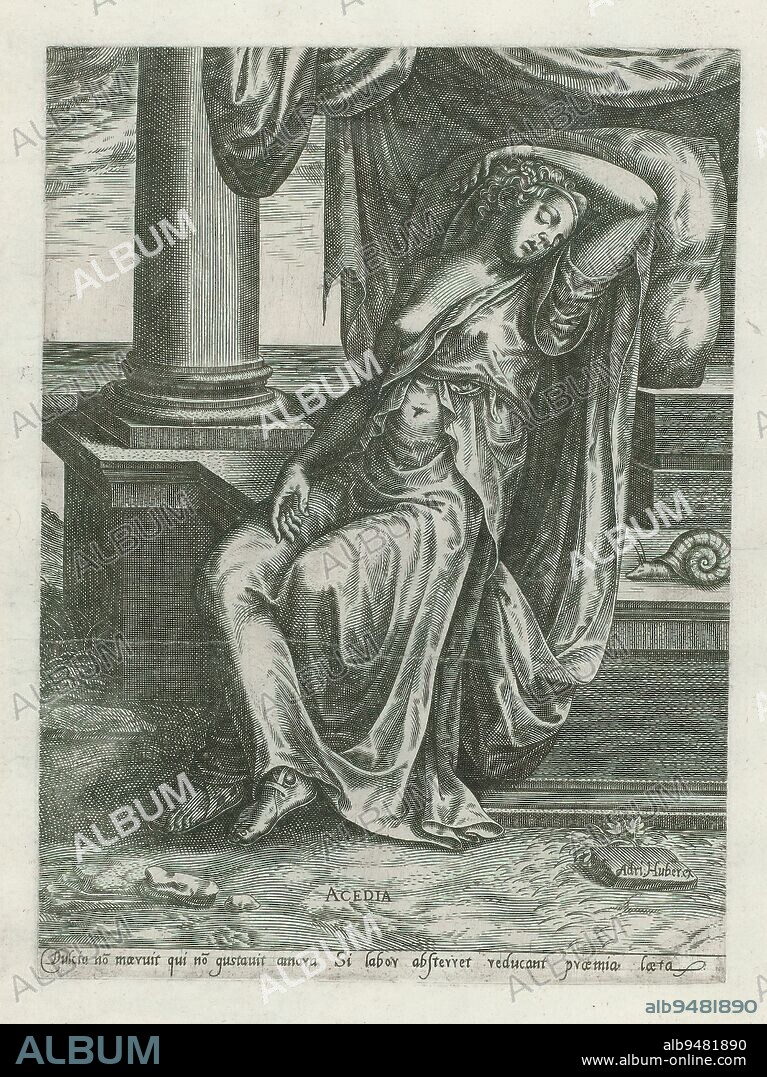 Sloth, Acedia (title on object), Vices (series title), Personification of Sloth in the guise of a young woman, dressed in antique robe. She is asleep leaning back against a balustrade with a column. Her head lies on a pillow. Next to her the snail as her attribute. In the margin a one-line caption in Latin., print maker: anonymous, after design by: Frans Floris (I), (possibly), publisher: Adriaen Huybrechts (I), (mentioned on object), print maker: Low Countries, publisher: Antwerp, 1575, paper, engraving, height 219 mm × width 161 mm.