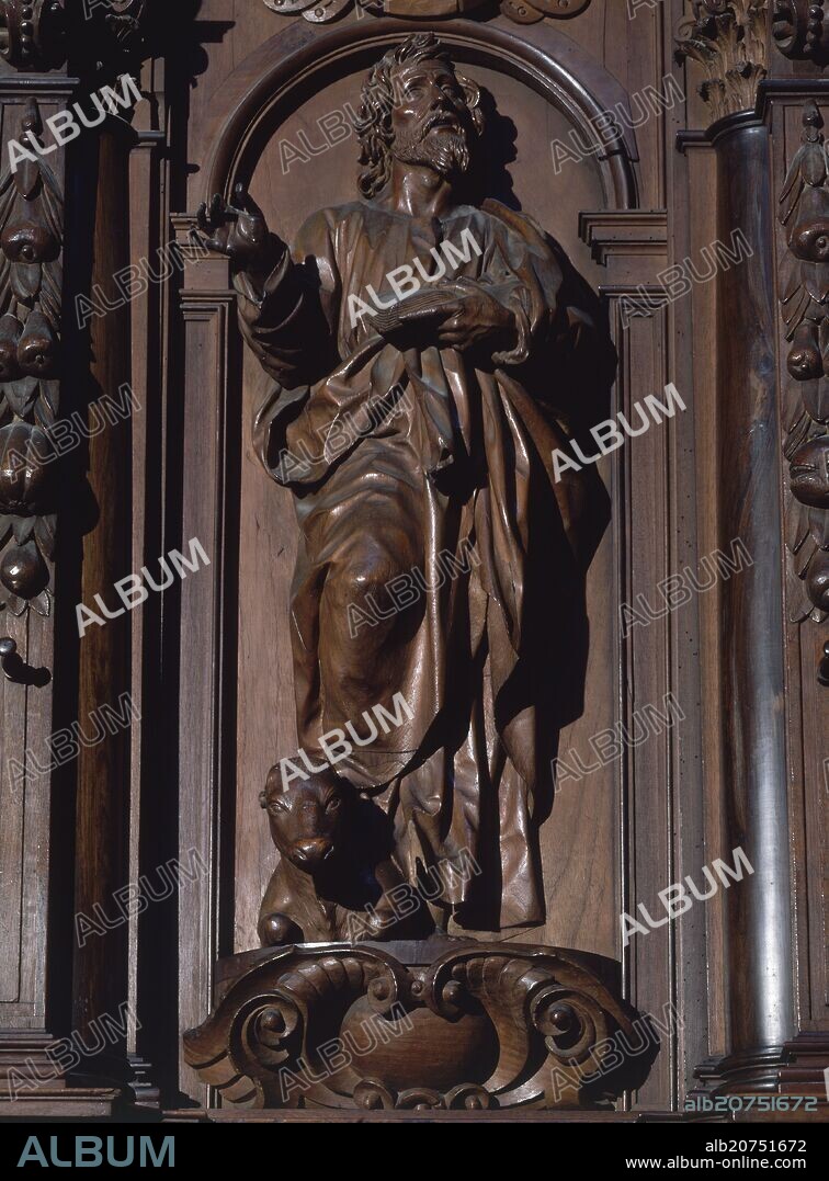PEDRO DE MENA Y MEDRANO. SAN LUCAS - DETALLE DE LA SILLERIA DEL CORO DE LA CATEDRAL DE MALAGA - CAOBA - SIGLO XVII - BARROCO ESPAÑOL.
