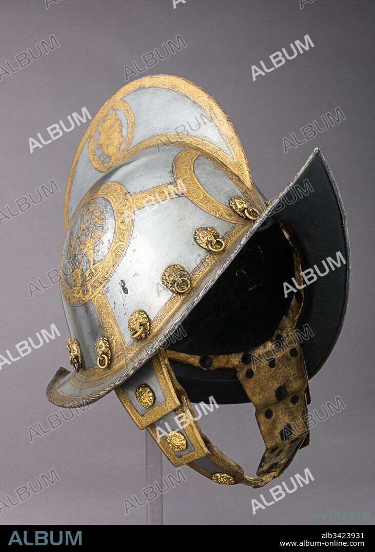 Morion for the Bodyguard of the Prince-Elector of Saxony, ca. 1570, Nuremberg, German, Nuremberg, Steel, gold, brass, leather, H. 11 1/2 in. (29.2 cm); H. of comb 3 in. (7.6 cm); W. 9 1/2 in. (24.1 cm); D. 13 1/2 in. (34.3 cm); Wt. 4 lb. 4 oz. (1928 g), Helmets, The electors of Saxony appear to have been the only German princes in the sixteenth century to outfit their bodyguards with matching equipment. The guards' helmets are etched and gilt on one side with the coat of arms of the dukedom of Saxony and on the other side with the crossed swords that signify the duke's office as archmarshal of the Holy Roman Empire.