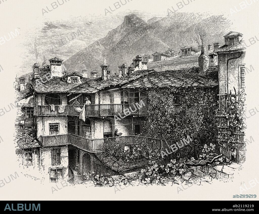 Inn at La Torre, the passes of the alps, 19th century engraving.