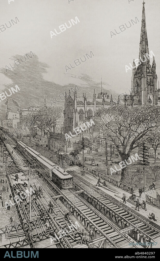 Historia de los Estados Unidos. Siglo XIX. Nueva York. Panorámica del nuevo ferrocarril elevado, sistema Gilbert, tomada desde la New Church Street. Grabado. La Ilustración Española y Americana, 1878.